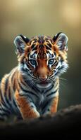 Curious young tiger exploring its natural habitat in a serene forest setting during daylight hours photo