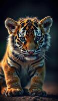 Young tiger cub explores its surroundings in a serene natural habitat at dusk photo