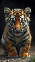 Young tiger walking confidently in a natural setting, showcasing its beautiful coat and piercing gaze photo