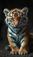 Young tiger cub poses confidently with striking fur patterns in a natural setting during daylight hours photo