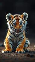 Young tiger cub sits quietly in a natural setting with striking orange and black fur and bright blue eyes photo