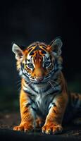 Striking close-up of a young tiger in a dark lush environment showcasing its vibrant fur and sharp gaze photo