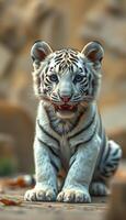 White tiger cub playing outdoors in a natural habitat during daylight hours, showcasing its playful demeanor and striking fur patterns photo