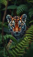 Tiger cub peers through lush greenery in a dense jungle setting during late afternoon photo