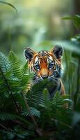Tiger cub peeking through lush ferns in a dense jungle during the twilight hours photo