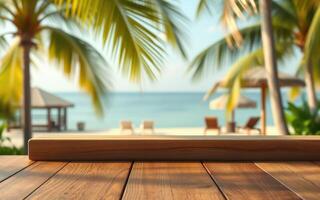 Breathtaking view of a serene beach with palm trees and lounge chairs under a clear sky photo