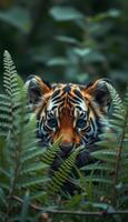 Young tiger peeks through ferns in lush green forest under soft sunlight photo