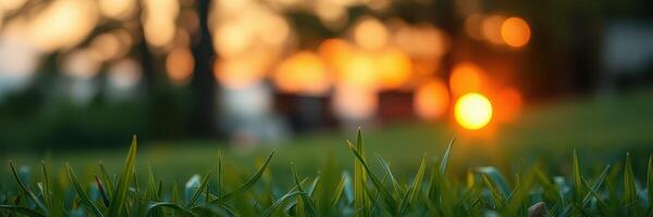 Vibrant sunset casts warm glow over lush green grass in serene outdoor setting photo