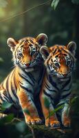 Two playful tiger cubs sit side by side in a lush green forest setting during the golden hour of the day photo