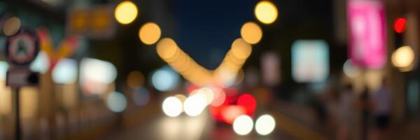 Urban night scene with blurred lights and traffic in a bustling city street filled with movement and color photo