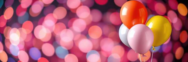 Colorful balloons with blurred festive background in a celebration setting during night time photo
