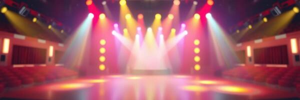 Colorful stage lights illuminate an empty performance venue ready for an evening show photo