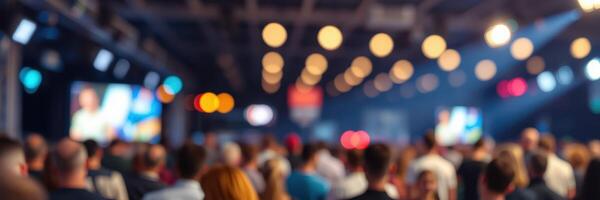 Crowd gathers at a lively event with bright lights and engaging presentations photo