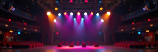 Colorful stage lights illuminate an empty theater in preparation for an upcoming performance at night photo