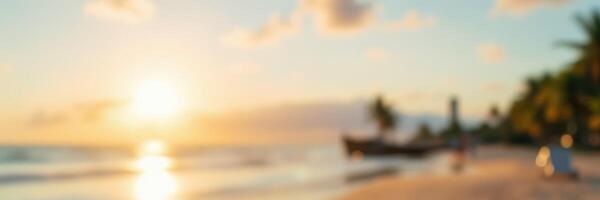 Beautiful sunset over a tranquil beach with soft waves and palm trees in the background photo
