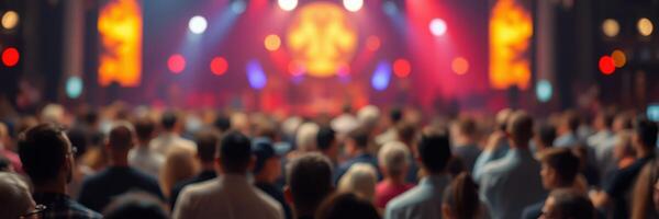 Crowd enjoying live music performance at vibrant concert venue in the evening photo