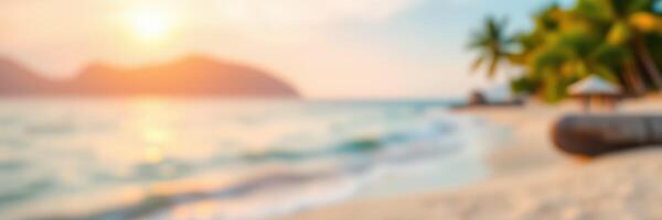 Sunset over a tranquil beach with gentle waves and palm trees lining the shore photo