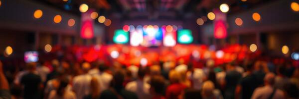 Crowd enjoying a vibrant performance in a lively auditorium at night photo