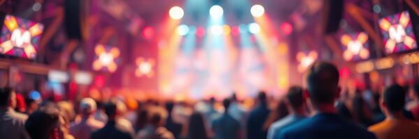 Crowd enjoying a vibrant concert in a lively venue filled with colorful lights and dynamic performances photo