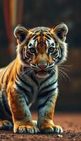 Majestic tiger cub stands confidently in a natural setting during early morning light, showcasing its striking fur patterns and curious expression photo