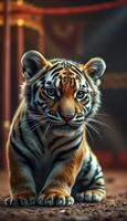 Tiger cub sits calmly in a vibrant habitat, showcasing its striking features and playful demeanor photo