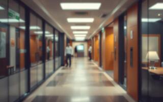 Office corridor with professionals walking and discussing in a modern workspace during daytime photo