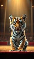 Majestic tiger cub poised in spotlight, showcasing strength and beauty in an indoor circus setting photo