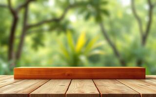 Natural wooden table against a blurred green background in a serene outdoor setting photo