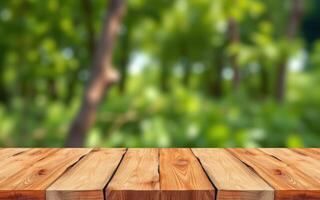 Wooden table surfaces surrounded by lush greenery in a tranquil outdoor setting during daylight photo