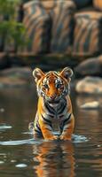 Young tiger wades through shallow water with a serene backdrop of rocks and greenery at noon photo