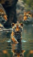 Young tiger wades through water while two adult tigers observe the playful cub in a serene natural setting photo