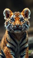 Captivating young tiger gazes curiously in a lush habitat during daylight hours in a wildlife preserve photo