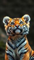 Young tiger cub gazes curiously at its surroundings in a lush habitat during daylight hours photo