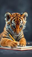 Young tiger cub engages playfully with a pencil and notebook in a cozy indoor setting during afternoon light photo