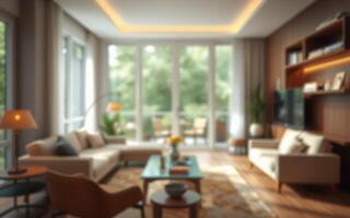 Modern living room with natural light and elegant furnishings in a serene green setting photo