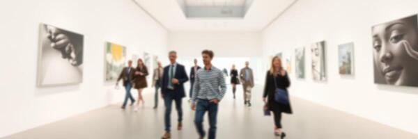 Visitors explore an art gallery showcasing diverse contemporary artwork in a bright, spacious venue photo