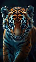 Majestic tiger prowls through dark habitat showcasing striking fur and intense gaze during twilight hours photo