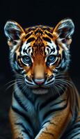 Stunning close-up of a young tiger with intense blue eyes showcasing vibrant orange and black stripes in a dark background setting photo