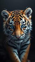 Majestic tiger with striking blue eyes in a darkened environment showcasing its unique features and powerful presence photo
