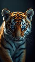 Majestic tiger displaying striking features in a dark, moody environment during a serene evening photo