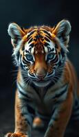 Striking close-up of a young tiger with vivid blue eyes in a dark environment showcasing its captivating beauty photo