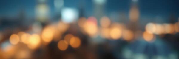 City lights sparkle under twilight sky, creating a vibrant atmosphere with blurred urban landscape photo