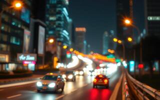 Nighttime city traffic on a busy road illuminated by urban lights and blurred movement photo