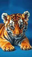 Majestic tiger cub resting on a soft blue background while gazing inquisitively photo