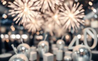 Celebration decorations with sparkling lights and silver ornaments during a festive event photo