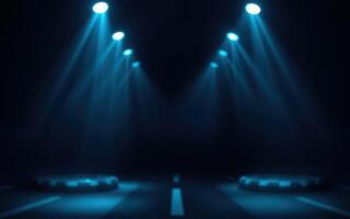 Mysterious underground setting illuminated by blue lights highlights two parked cars at night photo