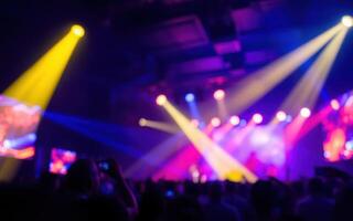 Dynamic concert experience with vibrant lights illuminating the stage and audience in a lively atmosphere photo