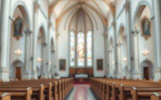 Interior of an elegant church featuring wood pews and stained glass windows during a daytime service photo