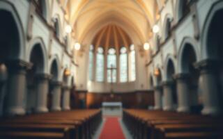 Beautiful interior of a historic church with wooden pews and elegant architecture in soft lighting at midday photo