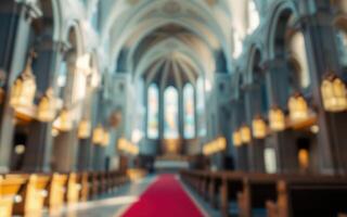 Elegant interior of a grand church with vibrant light streaming through tall windows and a red carpet leading to the altar photo